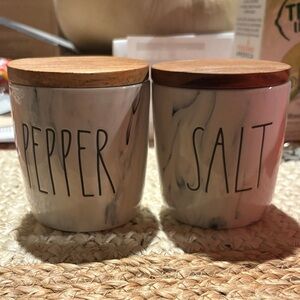 Rae Dunn Marble Salt and Pepper Canisters with Wooden Lids